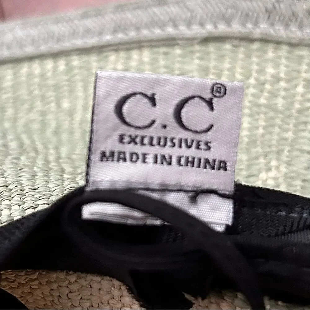 C.C 100% Paper Wide Brim TwoToned Hat, Raffia Flowers on Gray Band Cream & Green